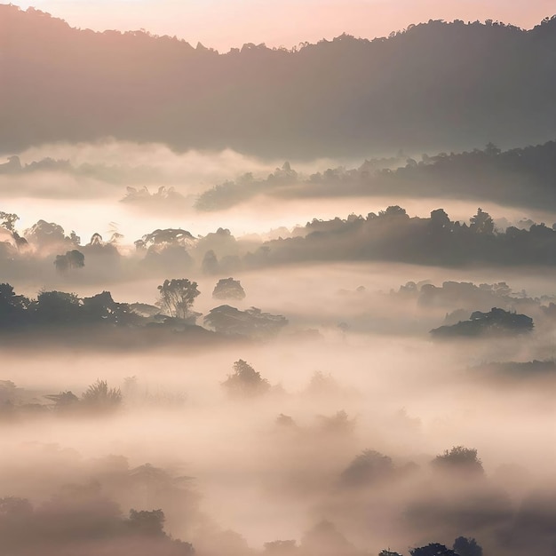 A misty morning in the mountains of luang prabang, laos