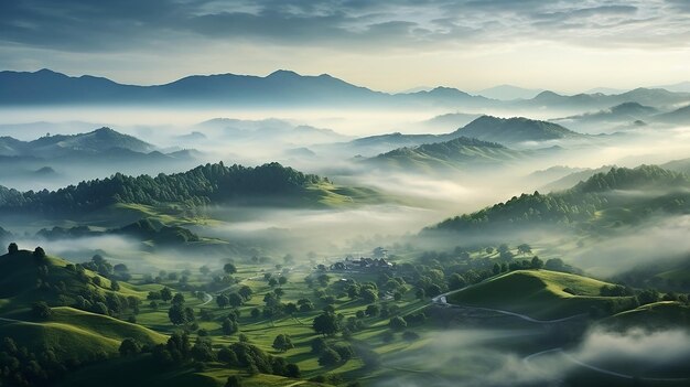 a misty morning in the mountains