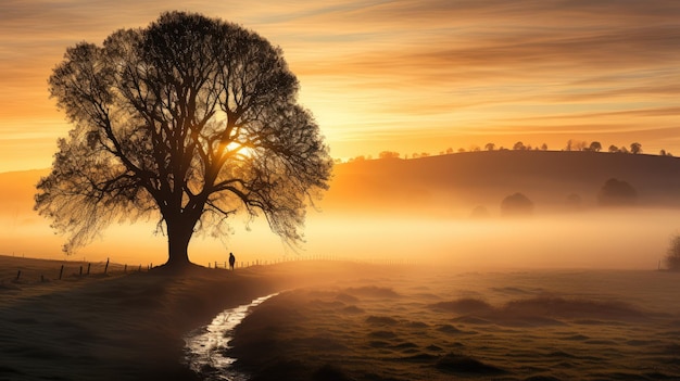 Misty morning in a peaceful countryside