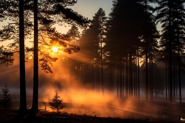 Photo a misty morning in a pine forest