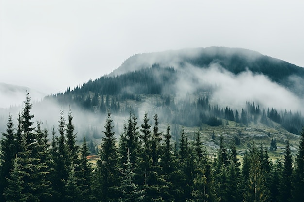 A misty morning in a pine forest