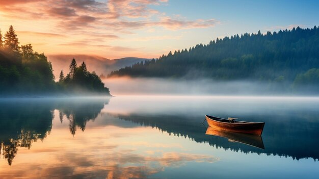 Misty morning scene of Lacu Rosu lake Foggy summer pure water