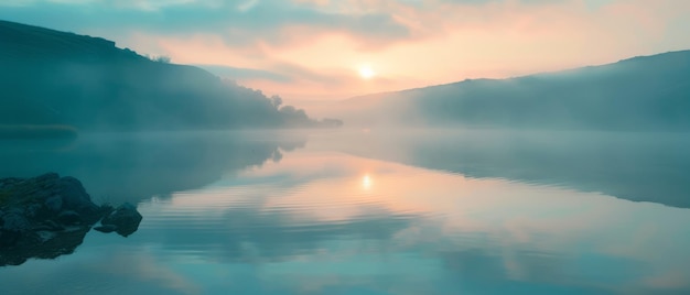 Foto scena mattutina nebbiosa del lago lacu rosu