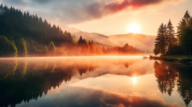 Misty morning scene of lacu rosu lakefoggy summer