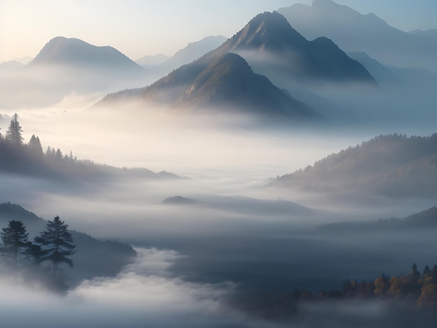 静かな湖と山々を背景に霧が立ち込める霧深い朝の風景