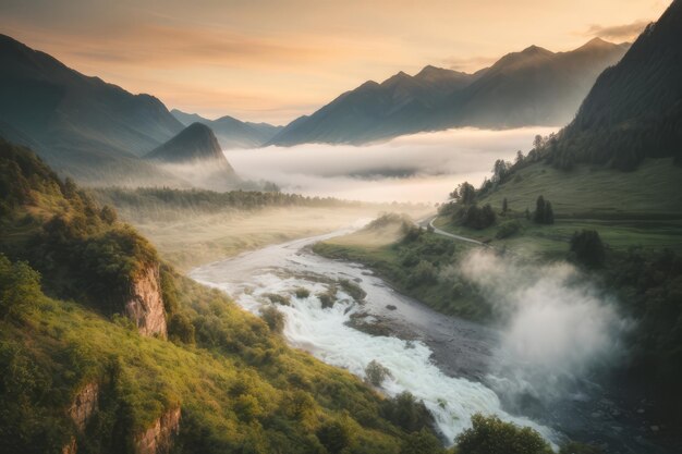 Misty Morning Serenity Kalm landschap met bergketen en rivier bij zonsopgang