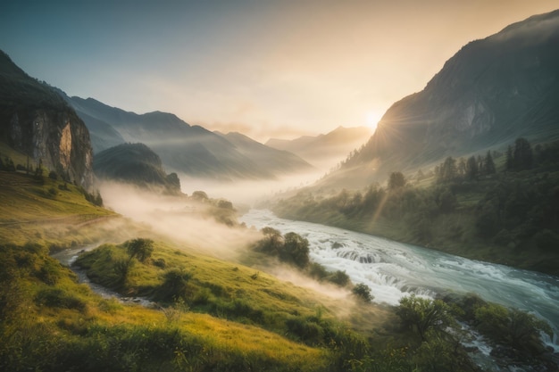 Misty Morning Serenity Kalm landschap met bergketen en rivier bij zonsopgang