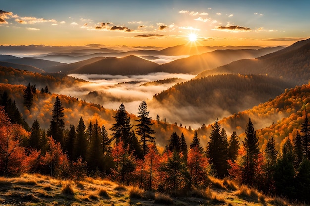 霧の朝の静けさ 太陽の光が流れ 秋の山々 霧に包まれた谷