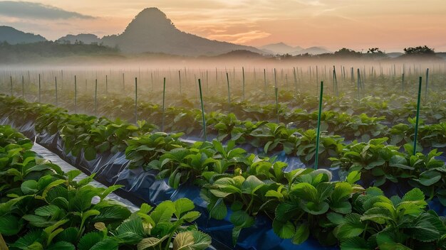 Misty morning in strawberry plant at doi ang khang mountain chiang mai thailand