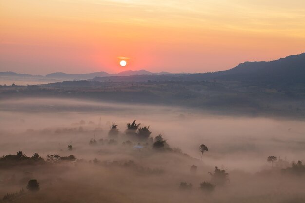 Misty morning sunrise in Khao Takhian Ngo View Point at Khaokho PhetchabunThailand