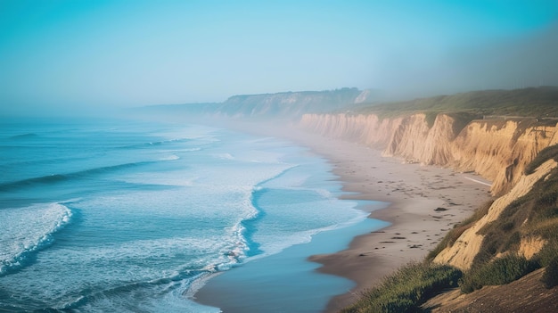 Misty morning view of cliffs along a serene coastal beach