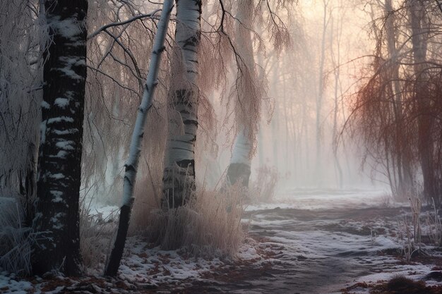 A misty morning in a winter forest