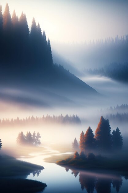 a misty morning with trees and mountains in the background.