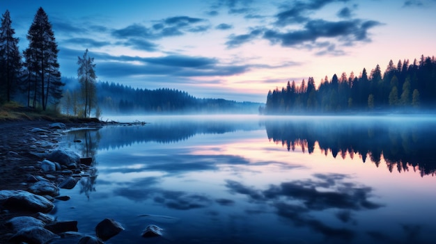 Misty Mountain Lake A Serene Sunrise In Luosto