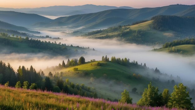 Photo misty mountain landscape during sunrise