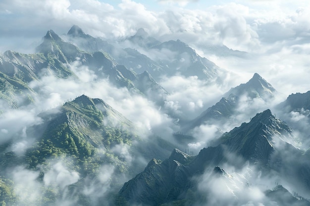 A misty mountain pass enveloped in clouds