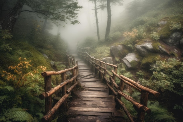Misty Mountain Pathway with a Wooden Bridge