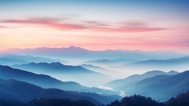 写真 霧の山脈の日の出の色彩