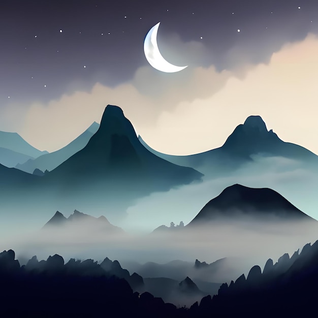 空に半月が映っている霧の山脈 3