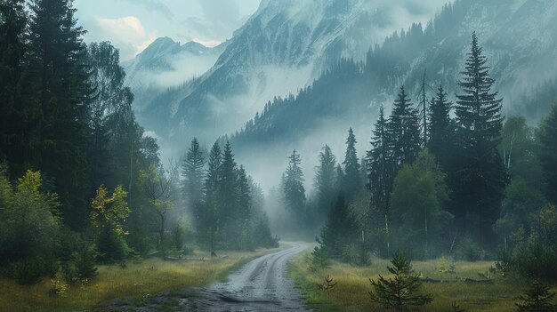 Photo misty mountain road through serene forest landscape