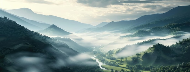 Misty Mountain Valley bij Sunrise Panorama