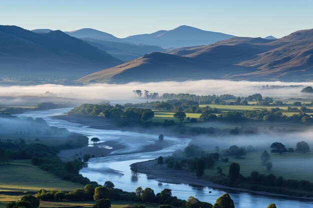 Foto misty mountain valley boeiende landschapsfotografie voor uw creatieve projecten