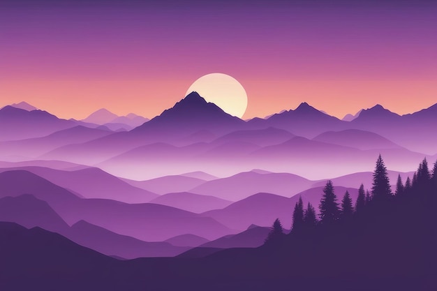 Misty mountain wallpaper in purple tone