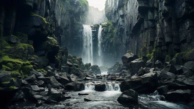 Misty mountain waterfall with lush greenery and rocky stream