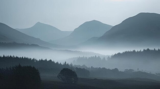 Photo misty mountains and foggy valley landscape