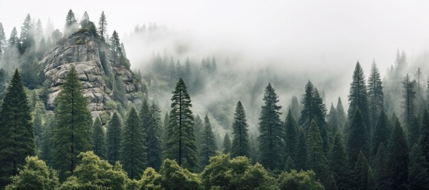 霧の山は茂った緑の森から昇り 自然の美しさと静けさの魅力的な景色を生み出します