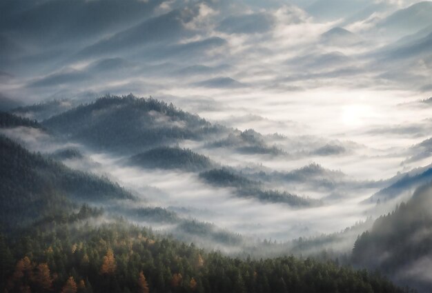 Misty mountains with top of pine tree forest beautiful morning forest landscape