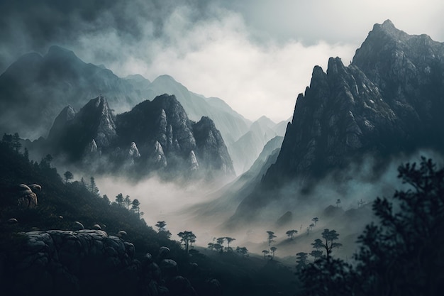 Misty mountainscapes AI generated