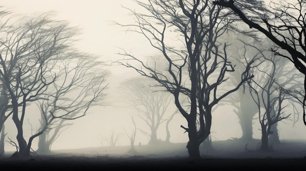 A misty mysterious morning with fogveiled trees silhouetted providing an enchanting aura