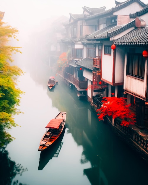 Photo misty rain in the ancient city of boats