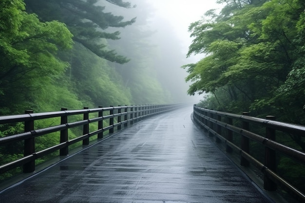 Misty and rainy it is raining foggy weather thick fog filled road section in the gloomy ancient forest