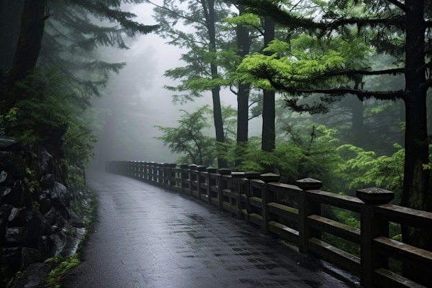 Misty and rainy it is raining foggy weather thick fog filled road section in the gloomy ancient forest
