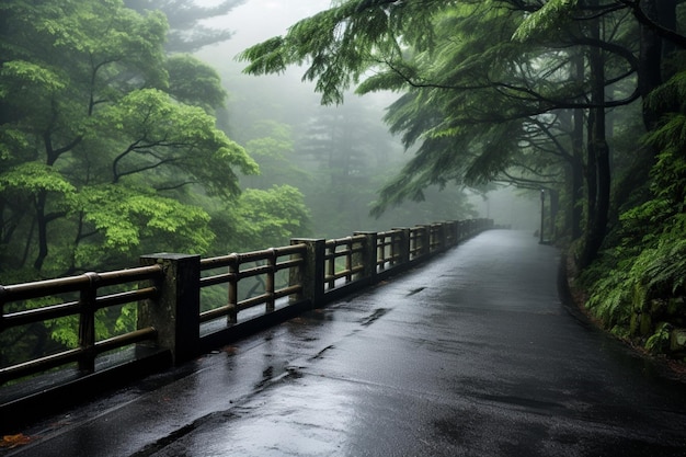 Misty and rainy it is raining foggy weather thick fog filled road section in the gloomy ancient forest