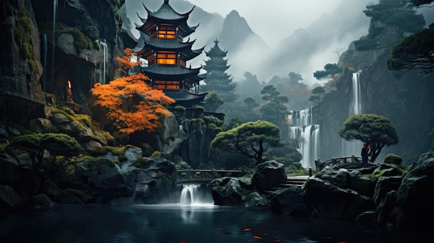 in the misty rainy valley there is an orange pagoda sitting by a waterfall ai generated