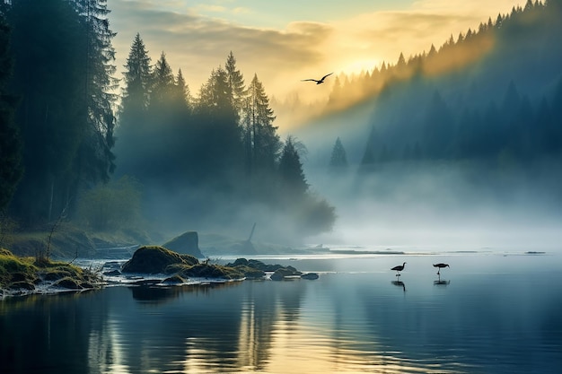 写真 霧 の 川 と 森 の 鳥 たち の 飛行