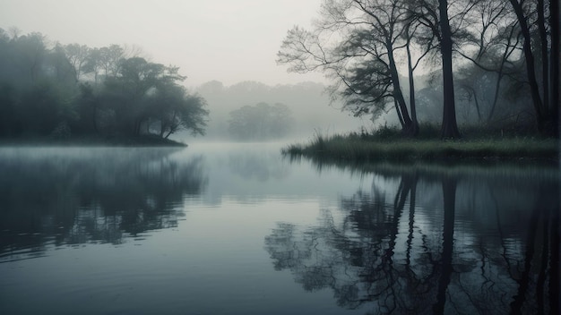 Misty river landscape in a serene jungle