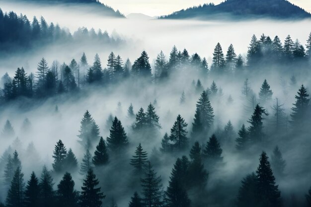Photo misty scenic view of trees surrounded by fog