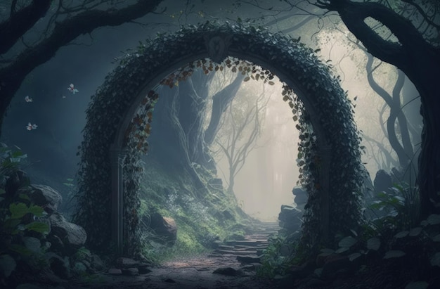 A misty shadowy archway in an enchanted fairy woodland setting is available as a background
