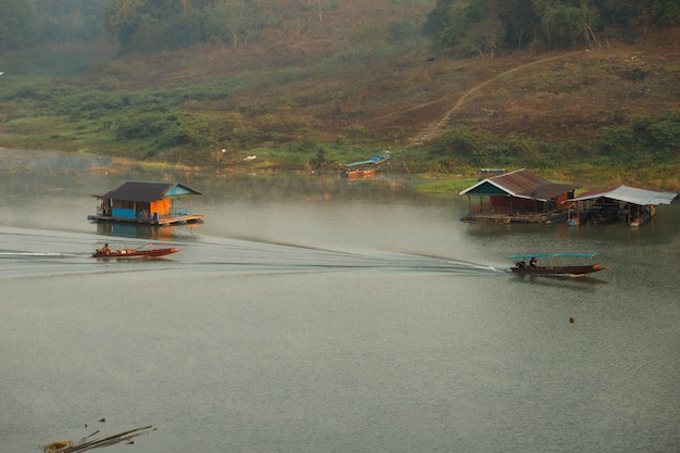 Misty smoke morning view in River Mountain area and village lifestyle.