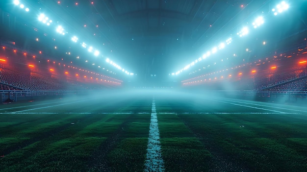 Photo misty soccer field under bright stadium lights at night empty and atmospheric football arena ai