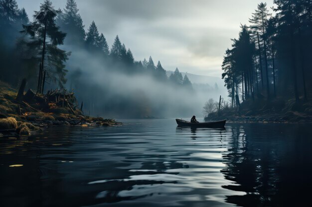 misty solitude on lake solitary rowboat canoeing