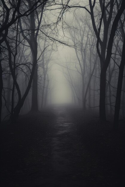 Misty spooky forest background scary trees in horror fog woods happy halloween