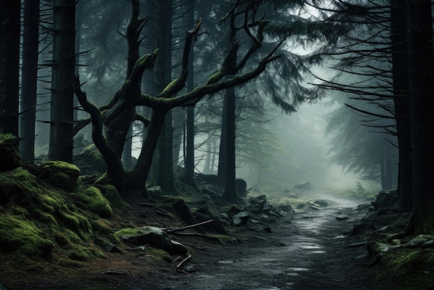 Misty spooky forest background scary trees in horror fog woods happy halloween