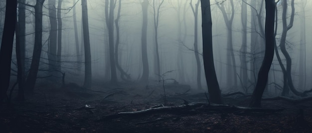 Misty spooky forest background scary trees in horror fog woods happy halloween