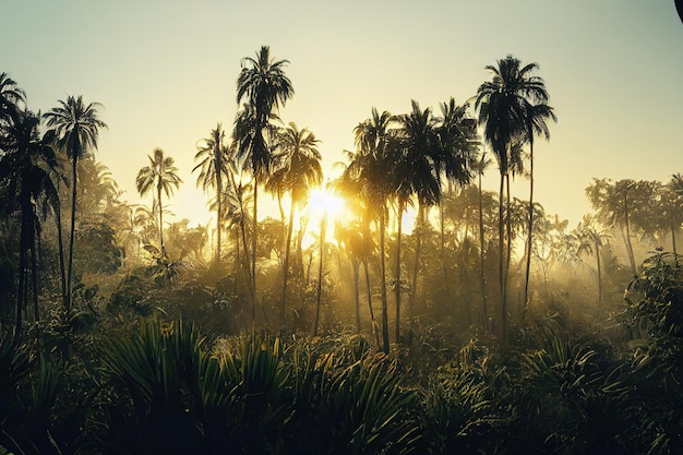 Misty sunny jungle panoramic view