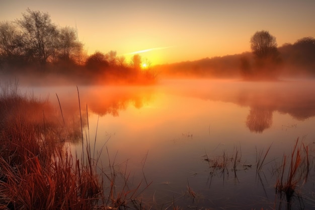 Misty sunrise casting warm glow over tranquil lake created with generative ai